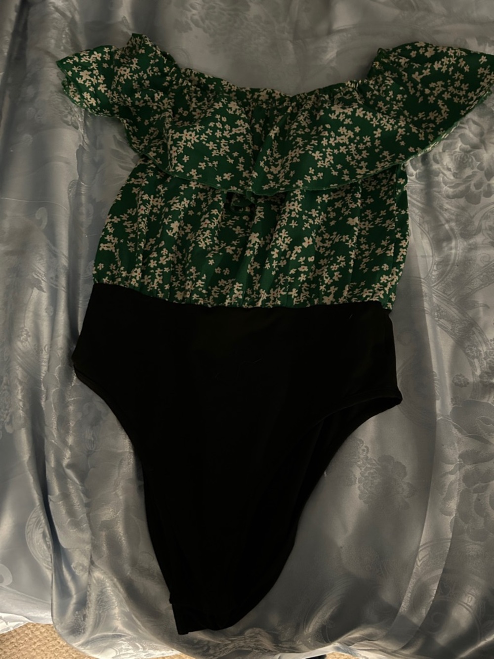 Green Floral Off-Shoulder One-Piece summer or spring bodysuit with Black Bottom